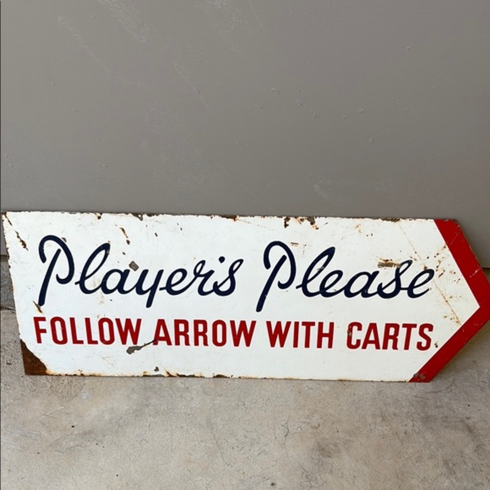 Vintage Style Metal Sign with Red and Blue Text